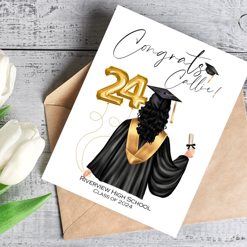May include: A graduation card featuring an illustration of a graduate in a black gown and cap with gold accents. Gold foil balloons spell out "24". The card reads "Congrats Callie!" and "Riverview High School Class of 2024".
