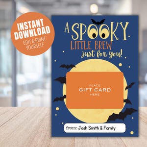 Porte-carte cadeau Halloween effrayant saison fantasmagorique imprimable, cadeau amateur de café pour professeur, carte cadeau de remerciement, cadeau café Halloween | Instantané