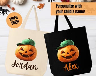 Personalized Halloween Canvas Tote Custom Trick or Treat Bag Harvest Pumpkin Bag Kids Halloween Candy Bag Custom Name Halloween Gift Tote