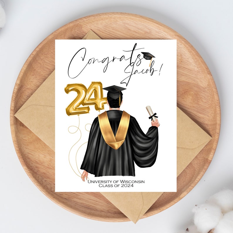 May include: A graduation card with the words "Congrats Jacob!" and a gold foil balloon that reads "24". The illustration shows a graduate in a black gown and gold stole, holding a diploma. The card also includes "UNIVERSITY OF WISCONSIN CLASS OF 2024".