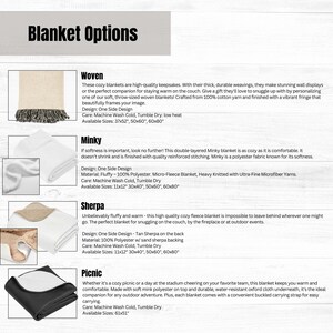 May include: A guide to different types of blankets, including woven, minky, sherpa, and picnic. Each blanket type is described with its material, care instructions, and available sizes. The image includes a small sample of each blanket type.