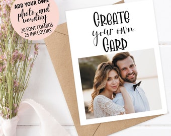 May include: A white card with black text that says "CREATE your own CARD". There is a photo of a couple in the bottom right corner of the card. The card is on a brown envelope.