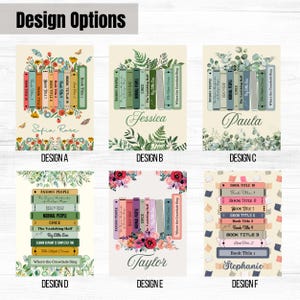 May include: Six different design options for a personalized book stack print. Each design features a stack of books with different floral and geometric patterns. The designs are labeled A through F. The names Sofia Rose, Jessica, Paula, Taylor, and Stephanie are included in the designs.