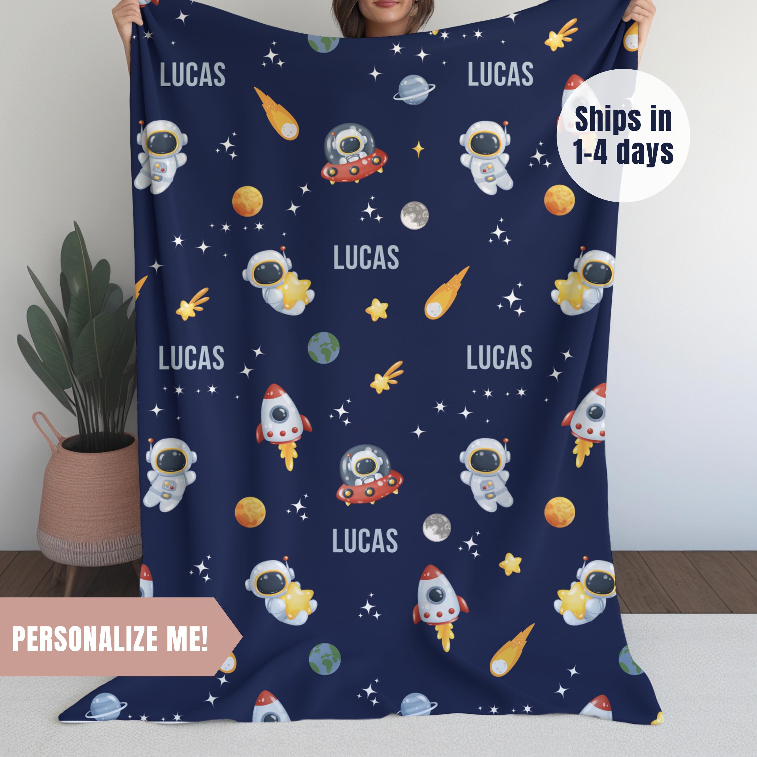 Personalized Space Kids Blanket Custom Name Blanket for Baby Boys & Girls Space-Themed Baby Gift Christmas Birthday Astronaut Planets Gift