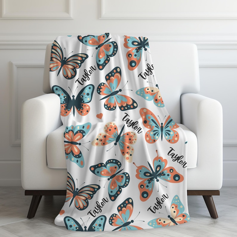Personalized Butterfly Blanket Custom Name Baby Girl Swaddle Floral