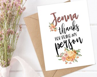 Thanks for Being My Person Card, Personalized Thank You Card, Girlfriend Boyfriend Best Friend Appreciation, Custom Friend Thank You Card