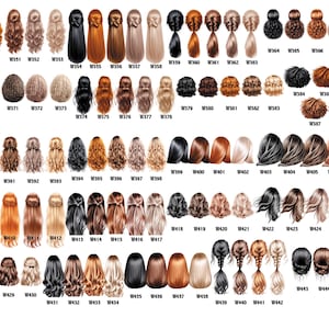 May include: A collection of illustrated hairstyles, each with a unique design and color. The image features various hair colors, including black, brown, blonde, and red, with styles ranging from braids to buns. Each style is labeled with a 'W' number.