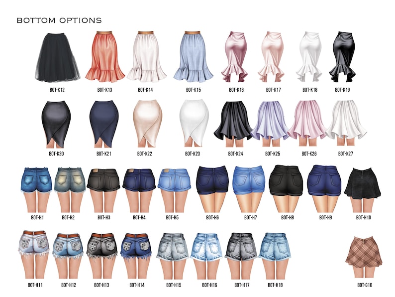 May include: A collection of illustrated skirt and shorts options, including a black tulle skirt, ruffled skirts in various colors, and denim shorts. The image includes the text "BOTTOM OPTIONS" and product codes.