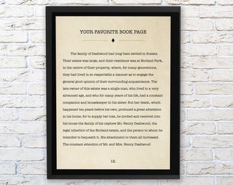 May include: A vintage book page with a black frame, featuring a passage from a classic novel about the Dashwood family and their estate in Sussex. The text describes the family's history, their home, and the late owner's generosity towards his nephew.