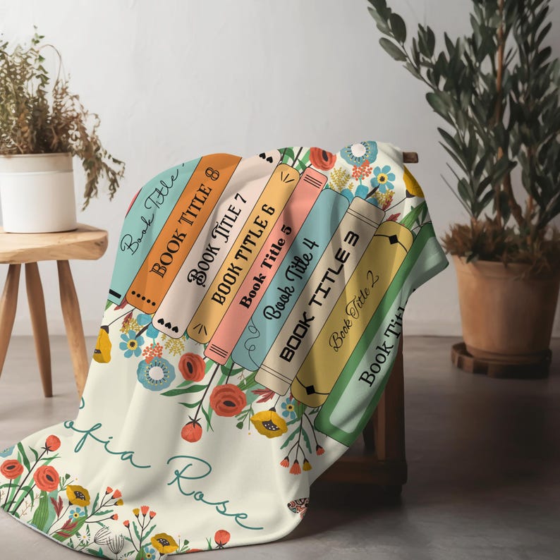 Personalized Floral Book Blanket | Custom Books & Name Library Gift | Favorite Book Lover Blanket | Bookish Reader Christmas Book Club Gift image 7