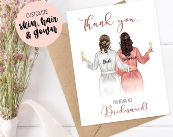 Personalized Thank You Bridesmaid Cards, Maid of Honor Appreciation, Custom Thank You Cards for Bridal Party, Wedding Party Thank You Card