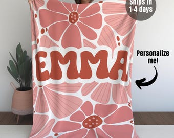Personalized Custom Kids Flower Retro Blanket with Name Baby Shower Gift for Teen Girl Daughter Birthday Groovy Daisy Vintage Flower Blanket