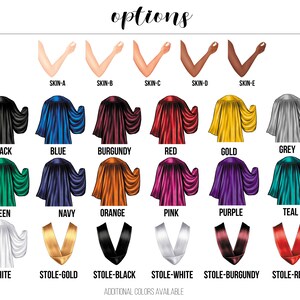 Puede incluir: Opciones de color para la toga y el birrete de graduaci&oacute;n, incluyendo negro, azul, burdeos, rojo, dorado, gris, verde, azul marino, naranja, rosa, morado, verde azulado y blanco. Opciones de color para la estola: dorado, negro, blanco, burdeos y rojo.