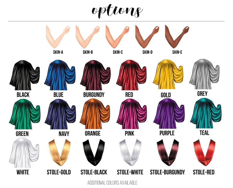 Puede incluir: Opciones de color para la toga y el birrete de graduaci&oacute;n, incluyendo negro, azul, burdeos, rojo, dorado, gris, verde, azul marino, naranja, rosa, morado, verde azulado y blanco. Opciones de color para la estola: dorado, negro, blanco, burdeos y rojo.