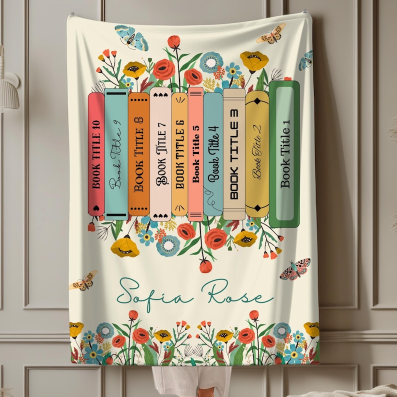 Personalized Floral Book Blanket | Custom Books & Name Library Gift | Favorite Book Lover Blanket | Bookish Reader Christmas Book Club Gift image 3