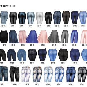 May include: A collection of illustrated bottoms, including jeans, skirts, and pants, in various colors and styles. The image displays a variety of options, from dark wash jeans to flowing skirts, with each item labeled with a unique identifier.