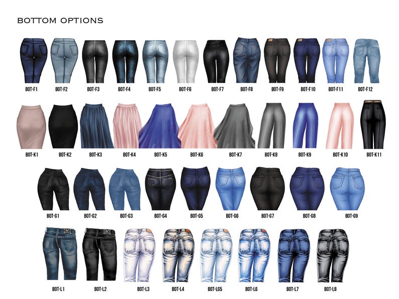 May include: A collection of illustrated bottoms, including jeans, skirts, and pants, in various colors and styles. The image displays a variety of options, from dark wash jeans to flowing skirts, with each item labeled with a unique identifier.