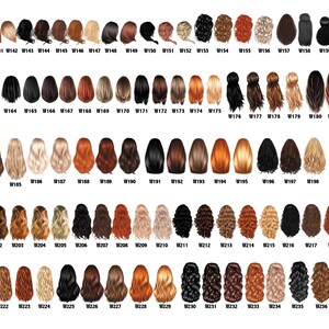 May include: A collection of illustrated hair styles in various colors, including black, brown, blonde, and red. Each style is numbered with a "W" followed by a three-digit number, ranging from W139 to W238. The image is a catalog of hair color options.