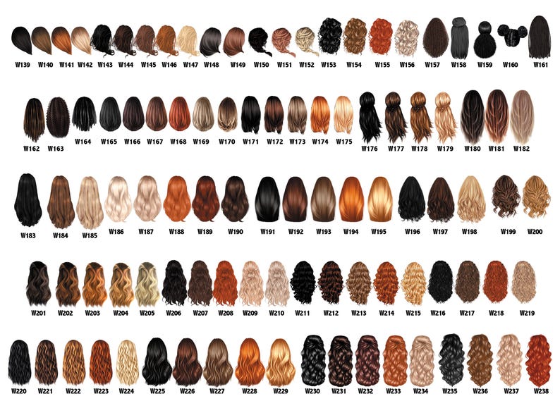 May include: A collection of illustrated hair styles in various colors, including black, brown, blonde, and red. Each style is numbered with a "W" followed by a three-digit number, ranging from W139 to W238. The image is a catalog of hair color options.