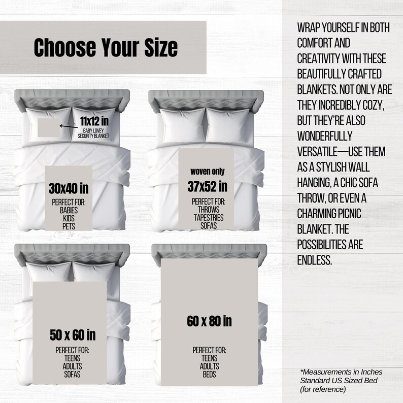 May include: A graphic showing different sizes of blankets with their dimensions and suggested uses. The sizes are 11x12 inches, 30x40 inches, 37x52 inches, 50x60 inches, and 60x80 inches. The text says "Choose Your Size".