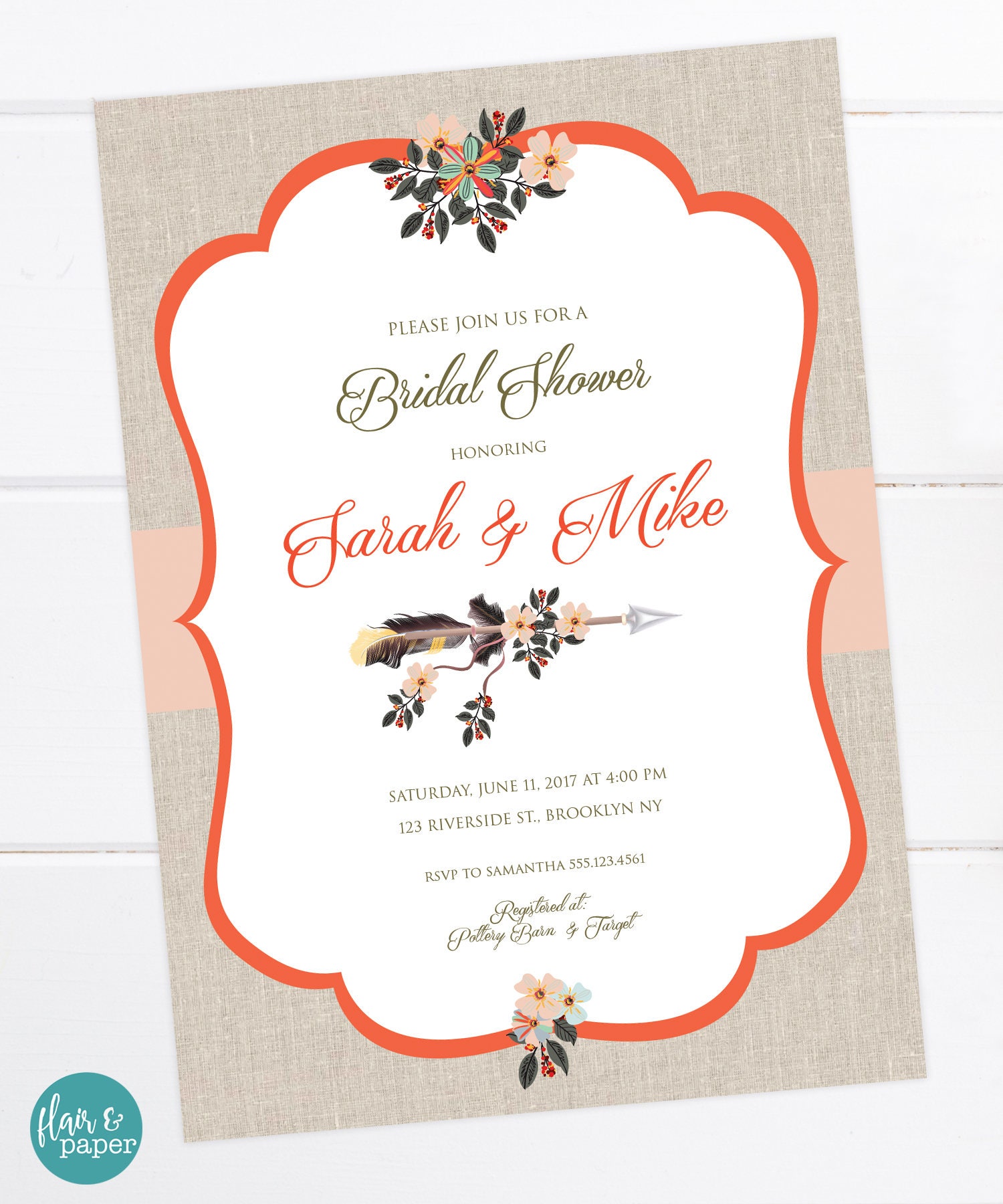 Bridal Shower Invitation Linen background Flowers Shabby Etsy