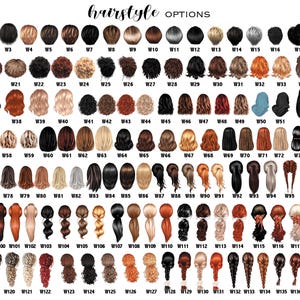 May include: A chart displaying 138 different hairstyle options, each numbered and featuring various hair colors and styles. The text "hairstyle OPTIONS" is at the top in a handwritten font.