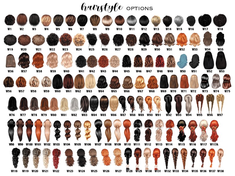 May include: A chart displaying 138 different hairstyle options, each numbered and featuring various hair colors and styles. The text "hairstyle OPTIONS" is at the top in a handwritten font.