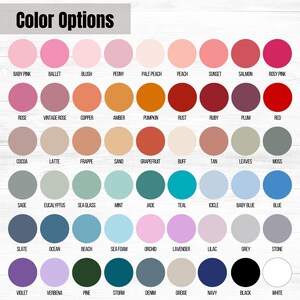 Op de afbeelding: Een kleurenkaart met een verscheidenheid aan tinten, waaronder roze, oranje, groen, blauw en neutrale kleuren. De tekst "Color Options" staat bovenaan. Elke kleur is gelabeld met zijn naam, zoals "Baby Pink" en "Zwart."