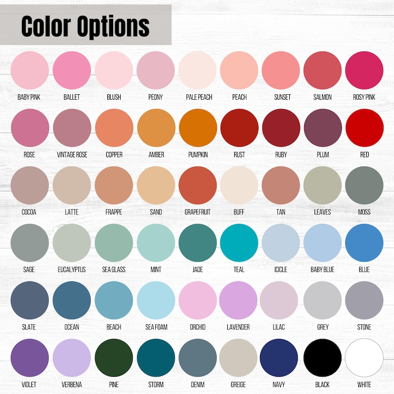 Op de afbeelding: Een kleurenkaart met een verscheidenheid aan tinten, waaronder roze, oranje, groen, blauw en neutrale kleuren. De tekst "Color Options" staat bovenaan. Elke kleur is gelabeld met zijn naam, zoals "Baby Pink" en "Zwart."