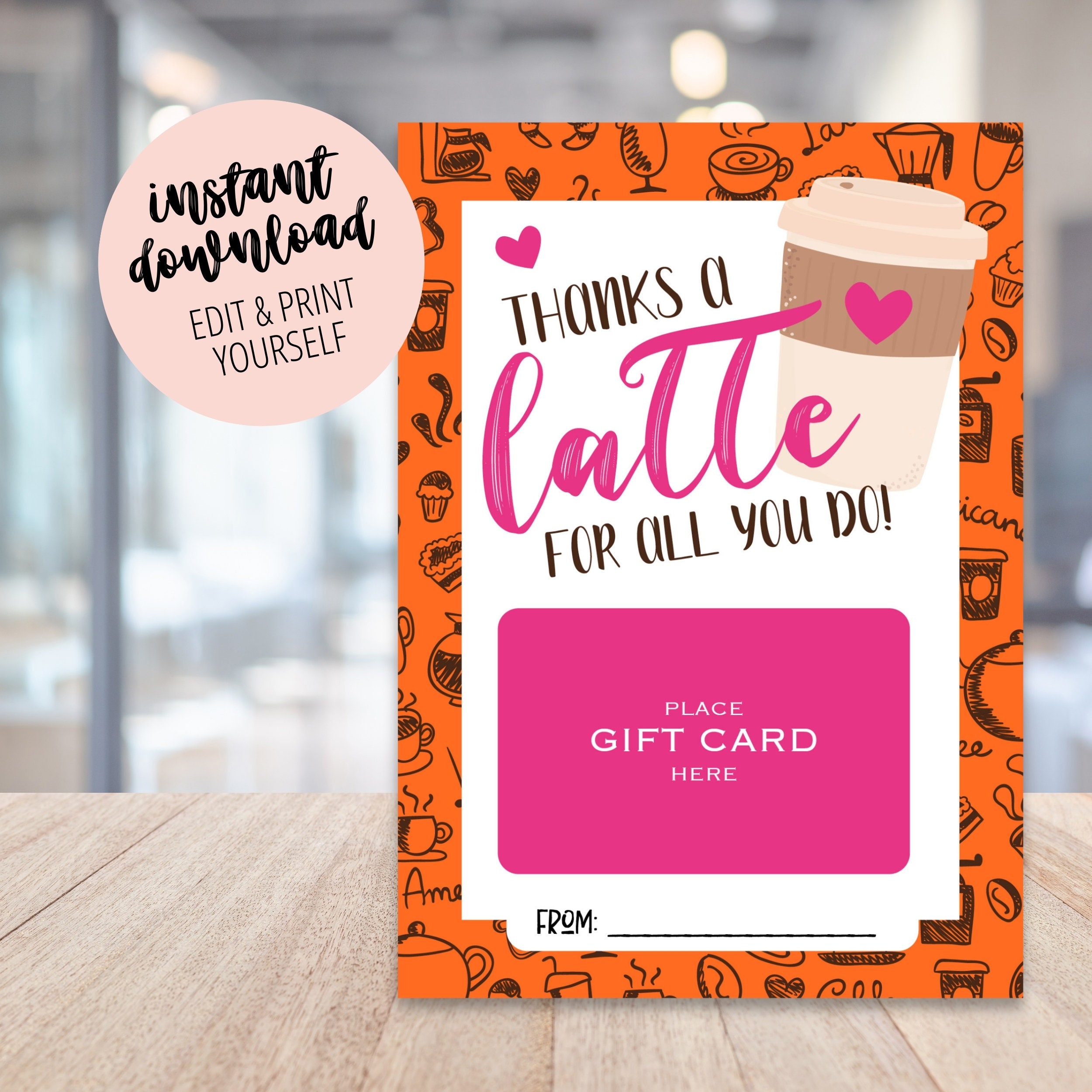 Printable Coffee Donut Gift Card Holder Thanks a Latte Teacher ...