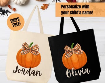 Personalized Halloween Canvas Tote Custom Trick or Treat Bag Harvest Pumpkin Bag Kids Halloween Candy Bag Custom Name Halloween Gift Tote