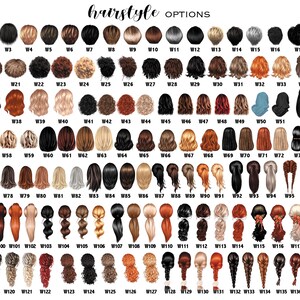 May include: A chart displaying 138 different hairstyle options, each numbered and featuring various hair colors and styles. The text "hairstyle OPTIONS" is at the top in a handwritten font.
