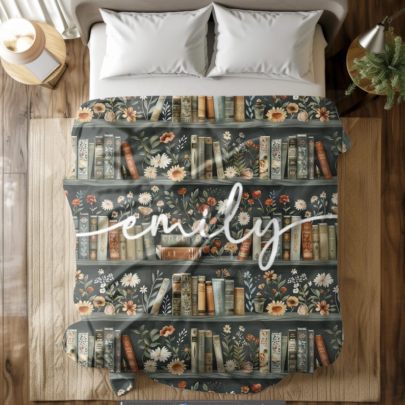 May include: A dark green and brown bookshelf with a floral design and books. The name "emily" is written in white cursive on the bookshelf.