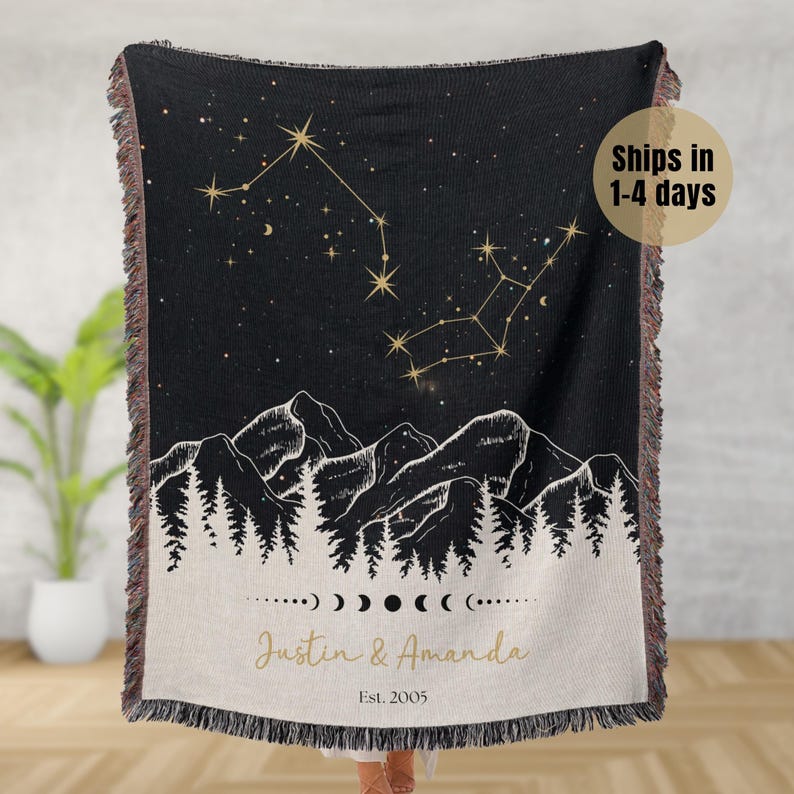 Personalized Constellation Tapestry Custom Zodiac Blanket Anniversary Gift Night Sky Woven Throw Celestial Wedding Gift Horoscope Astrology image 1