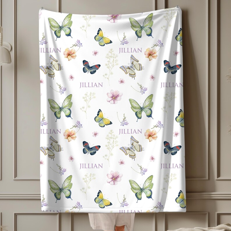 Personalized Butterfly Blanket Custom Name Baby Girl Swaddle Floral