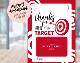 Printable Gift Card Holder, Thank You Teacher Appreciation Instant Download, Thanks for keeping me on Target Gift Card Holder, Coworker Gift