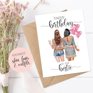 May include: A birthday card with the words "happy birthday to my bestie" in black script. The card features an illustration of two women, one holding a cocktail and the other holding pink heart-shaped balloons. The card is on a brown envelope.
