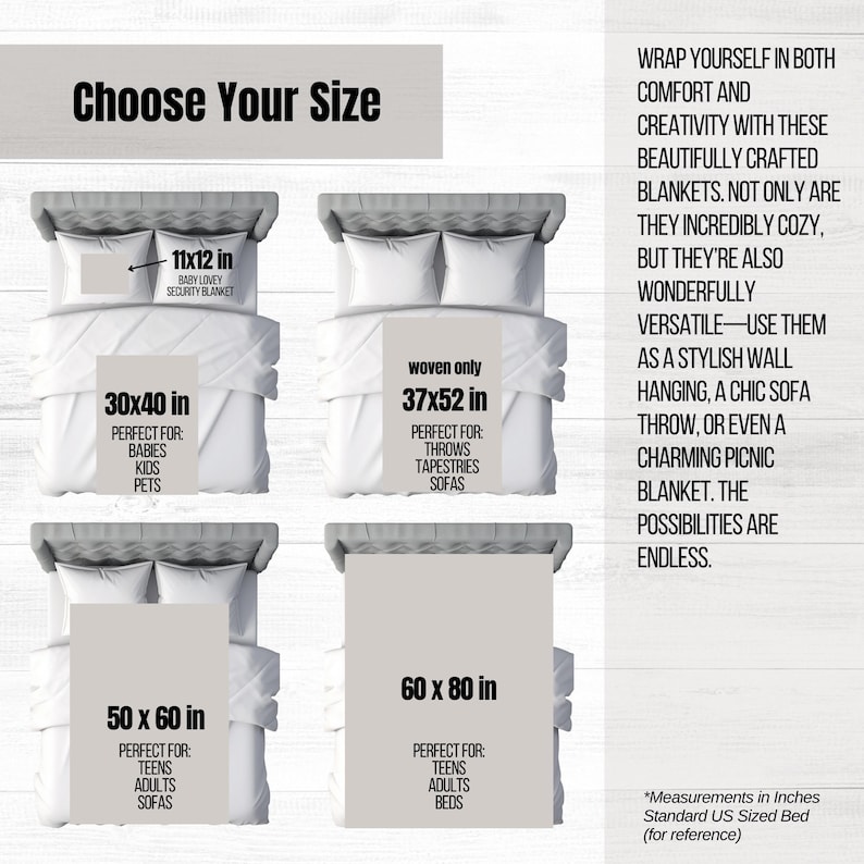 May include: A chart showing different sizes of blankets with their dimensions and suggested uses. The sizes are 11x12 inches, 30x40 inches, 37x52 inches, 50x60 inches, and 60x80 inches. The text says "Choose Your Size".