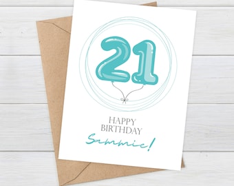 May include: A white card with a blue number 21 in balloon form inside a circle of blue lines. The text "Happy Birthday Sammie!" is below the number.