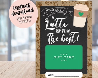 Printable Coffee Gift Card Holder, Thanks a Latte Instant Download, Coworker Appreciation, Boss Thank You Gift Printable Teacher Coffee Gift