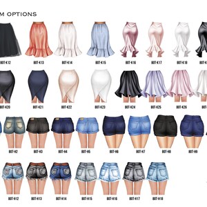 May include: A collection of illustrated skirt and shorts options, including a black tulle skirt, ruffled skirts in various colors, and denim shorts. The image includes the text "BOTTOM OPTIONS" and product codes.
