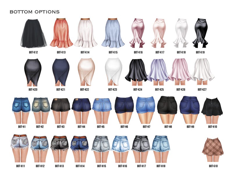May include: A collection of illustrated skirt and shorts options, including a black tulle skirt, ruffled skirts in various colors, and denim shorts. The image includes the text "BOTTOM OPTIONS" and product codes.