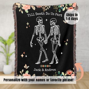 Custom Skeleton Couple Blanket, Personalized Goth Woven Throw Spooky Halloween Gift Anniversary Blanket Funny Bridal Shower Gift for Couples
