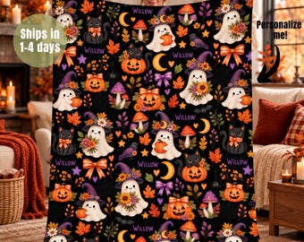 Personalized Halloween Blanket, Cute Ghost Throw, Custom Name Spooky Blanket, Black Cat Pumpkin Gift, Witchy Fall Decor, Cozy Halloween Gift