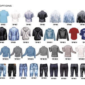 May include: A collection of illustrated clothing options for men, including short-sleeve and long-sleeve shirts, jackets, hoodies, and jeans. The image features a variety of colors and styles, with text labels such as "TOP-ME1" and "BOT-ME23".