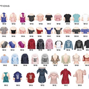 May include: A collection of various tops, including tank tops, blouses, and sweaters, in a variety of colors and styles. The image includes tops with different necklines, sleeves, and patterns. The text "TOP OPTIONS" is at the top.