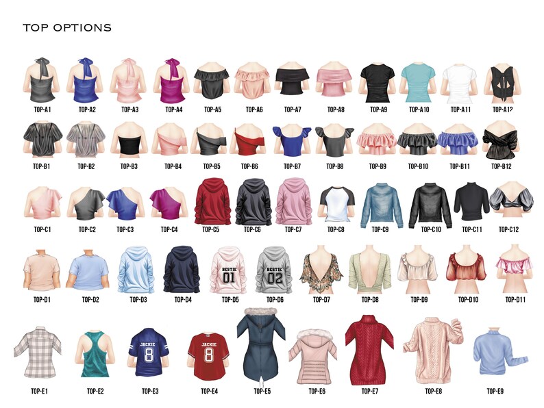 May include: A collection of various tops, including tank tops, blouses, and sweaters, in a variety of colors and styles. The image includes tops with different necklines, sleeves, and patterns. The text "TOP OPTIONS" is at the top.