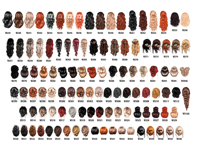May include: A collection of illustrations of women's hairstyles, each with a unique color and style. The hairstyles range from long, flowing locks to intricate updos, with variations in color from black to blonde and red. Each style is labeled with a number.