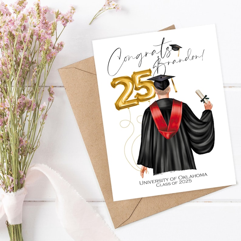 May include: A graduation card with the text "Congrats Brandon!" and a depiction of a graduate in a black robe with a red stole, holding a diploma. Gold number 25 balloons are featured. The card is paired with a brown envelope and flowers.