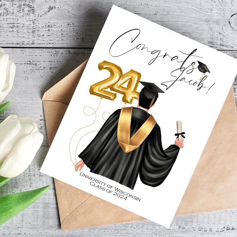 May include: A graduation card with a drawing of a graduate in a black gown and gold stole, holding a diploma. Gold foil balloons shaped as the number 24 are on the left. The card reads "Congrats Jacob!" and "University of Wisconsin Class of 2024."